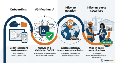 Infographie expliquant le processus InterimIA : dépôt de documents CACES, vérification par intelligence artificielle, géolocalisation des candidats et mise en poste sécurisée pour l'intérim